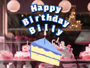 Happy Birthday Billy GIF: A cake shop background with a slice of cake and animated candle reading Happy Birthday Customize.