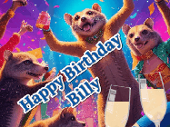 Happy Birthday Billy GIF: Happy Birthday GIF depicting a mongoose party with animated fireworks, sparkles and champagne. Reads Happy Birthday Name. Customize it.