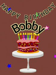 Happy Birthday Bobby GIF: Animated birthday gif of a chocolate cartoon cake and stars. Animated text can be customized with name.