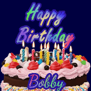 Happy Birthday Bobby GIF: A dark blue birthday gif with a beautiful cake with flickering candles, background sparkles and a name to customize.