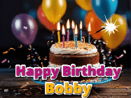 Happy Birthday Bobby GIF: A birthday cake with flickering candles gif with text reading Happy Birthday and a Name slot to customize