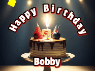 Happy Birthday Bobby GIF: Animated happy birthday gif with a cake and flickering candles with colorful falling confetti and text reading Happy Birthday