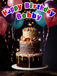Happy Birthday Bobby GIF: Beautiful birthday cake animated gif, a celebration of balloons, confetti, and sparklers. Customize banner and name.