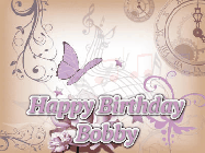 Happy Birthday Bobby GIF: Classical birthday gif background with colorful musical notes floating past and a name you can customize, reads Happy Birthday.