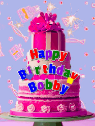 Happy Birthday Bobby GIF: A big beautiful birthday cake gif with falling confetti, sparklers, and balloons, reads Happy Birthday Name. Customize it.