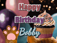 Happy Birthday Bobby GIF: Cute Kitten Birthday Cupcake GIF with a cupcake raised by a cats head, then it pulls down text reading Happy Birthday Name