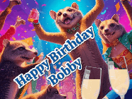 Happy Birthday Bobby GIF: Happy Birthday GIF depicting a mongoose party with animated fireworks, sparkles and champagne. Reads Happy Birthday Name. Customize it.