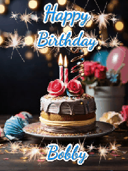 Happy Birthday Bobby GIF: Sparkles and glitter happy birthday gif with a cake and flickering candles and sparklers behind the words happy birthday customize