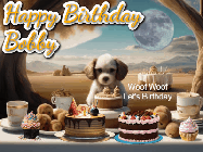 Happy Birthday Bobby GIF: Animated birthday gif with a dog at a fancy birthday table loaded with cakes as hearts appear. It reads Happy Birthday Customize.