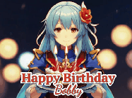 Happy Birthday Bobby GIF: Anime girl holding a birthday cake and an animated sword falls into it. Text reads Happy Birthday Customize