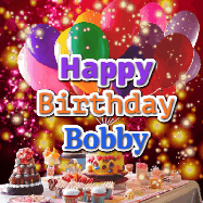 Happy Birthday Bobby GIF: Animated happy birthday gif on a bright red glittery background and 3 lines of text reading Happy Birthday Customize