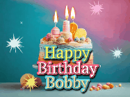Happy Birthday Bobby GIF: A colorful animated Happy Birthday Cake GIF with swirling sparkles and flickering candles. It reads Happy Birthday Name