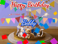 Happy Birthday Bobby GIF: Happy Birthday Cake GIF with a cat, lamb, and squirrel on the cake with flickering candles, a sparkler, and falling confetti. Reads Happy Birthday Name and you can customize the name