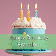 Happy Birthday Brandon GIF: Sparkles fly over a birthday cake that has 3 flickering candles, text in a colored band read Happy Birthday Name.