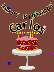 Happy Birthday Carlos GIF: Animated birthday gif of a chocolate cartoon cake and stars. Animated text can be customized with name.