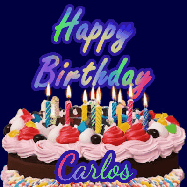 Happy Birthday Carlos GIF: A dark blue birthday gif with a beautiful cake with flickering candles, background sparkles and a name to customize.