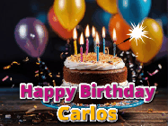 Happy Birthday Carlos GIF: A birthday cake with flickering candles gif with text reading Happy Birthday and a Name slot to customize