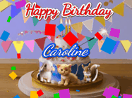 Happy Birthday Caroline GIF: Happy Birthday Cake GIF with a cat, lamb, and squirrel on the cake with flickering candles, a sparkler, and falling confetti. Reads Happy Birthday Name and you can customize the name