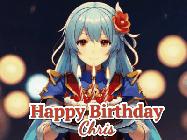 Happy Birthday Chris GIF: Anime girl holding a birthday cake and an animated sword falls into it. Text reads Happy Birthday Customize