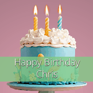 Happy Birthday Chris GIF: Sparkles fly over a birthday cake that has 3 flickering candles, text in a colored band read Happy Birthday Name.