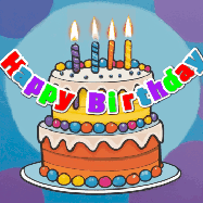 Happy Birthday Christian GIF: Festive birthday cake GIF with name, stars, hearts, and confetti streaking past and flickering candles.