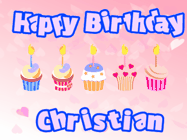 Happy Birthday Christian GIF: Pink animated birthday gif with 5 cupcakes and candles and animated text you can customize with name.