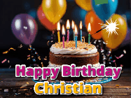 Happy Birthday Christian GIF: A birthday cake with flickering candles gif with text reading Happy Birthday and a Name slot to customize