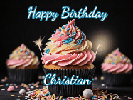 Happy Birthday Christian GIF: A delicious cupcake gif with animated sparkles reading Happy Birthday with a name to customize