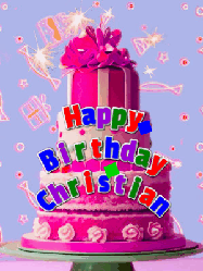 Happy Birthday Christian GIF: A big beautiful birthday cake gif with falling confetti, sparklers, and balloons, reads Happy Birthday Name. Customize it.