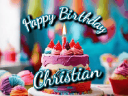 Happy Birthday Christian GIF: Animated Happy Birthday Gif reading Happy Birthday Customize. Depicts a colorful birthday with flickering candles and glitter.