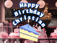 Happy Birthday Christian GIF: A cake shop background with a slice of cake and animated candle reading Happy Birthday Customize.