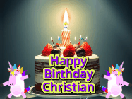 Happy Birthday Christian GIF: An animated gif with 2 unicorns and a birthday candle on a cake.