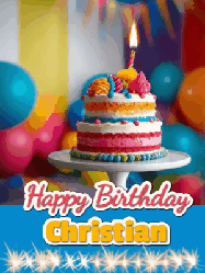 Happy Birthday Christian GIF: A birthday card gif with a cake and candle and a blue ribbon with animated sparklers. Reads Happy Birthday Name