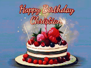 Happy Birthday Christian GIF: Animated GIF of a birthday cake covered in berries with 2 sparklers and a candle, reads Happy Birthday Name. Customize it.