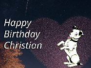 Happy Birthday Christian GIF: Happy Birthday GIF at night with a cute drawn dog, floating balloons, and a shooting star in front of a heart shaped star formation.