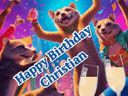 Happy Birthday Christian GIF: Happy Birthday GIF depicting a mongoose party with animated fireworks, sparkles and champagne. Reads Happy Birthday Name. Customize it.