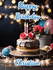Happy Birthday Christian GIF: Sparkles and glitter happy birthday gif with a cake and flickering candles and sparklers behind the words happy birthday customize