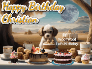 Happy Birthday Christian GIF: Animated birthday gif with a dog at a fancy birthday table loaded with cakes as hearts appear. It reads Happy Birthday Customize.
