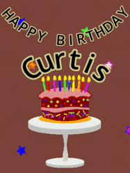 Happy Birthday Curtis GIF: Animated birthday gif of a chocolate cartoon cake and stars. Animated text can be customized with name.