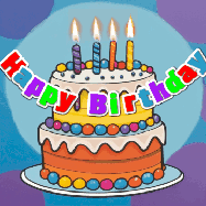 Happy Birthday Dan GIF: Festive birthday cake GIF with name, stars, hearts, and confetti streaking past and flickering candles.