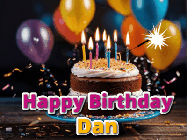 Happy Birthday Dan GIF: A birthday cake with flickering candles gif with text reading Happy Birthday and a Name slot to customize