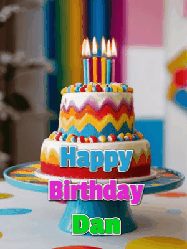 Happy Birthday Dan GIF: A colourful birthday cake gif with flickering candles a confetti bursting out, reads Happy Birthday Name
