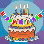 Happy Birthday Deb GIF: Festive birthday cake GIF with name, stars, hearts, and confetti streaking past and flickering candles.