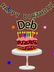 Happy Birthday Deb GIF: Animated birthday gif of a chocolate cartoon cake and stars. Animated text can be customized with name.