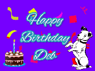 Happy Birthday Deb GIF: Silly happy birthday gif with a cute dog in a corner and rainbow animation confetti. Birthday cake in order with candle.