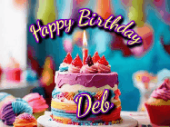 Happy Birthday Deb GIF: A colorful animated birthday gif of a cake and falling stars with a flickering candle. Text reads Happy Birthday and Customize.