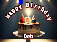 Happy Birthday Deb GIF: Animated happy birthday gif with a cake and flickering candles with colorful falling confetti and text reading Happy Birthday