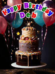 Happy Birthday Deb GIF: Beautiful birthday cake animated gif, a celebration of balloons, confetti, and sparklers. Customize banner and name.