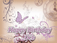 Happy Birthday Deb GIF: Classical birthday gif background with colorful musical notes floating past and a name you can customize, reads Happy Birthday.