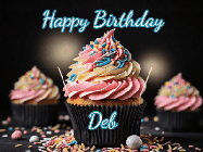 Happy Birthday Deb GIF: A delicious cupcake gif with animated sparkles reading Happy Birthday with a name to customize